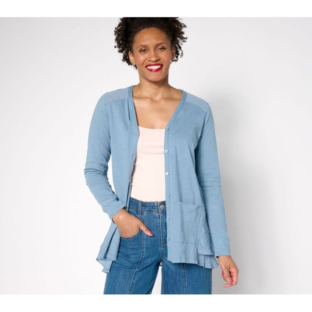 Liberare Women's Top Sweater Sz XL Knit Cardigan Clip Dot Trim Blue